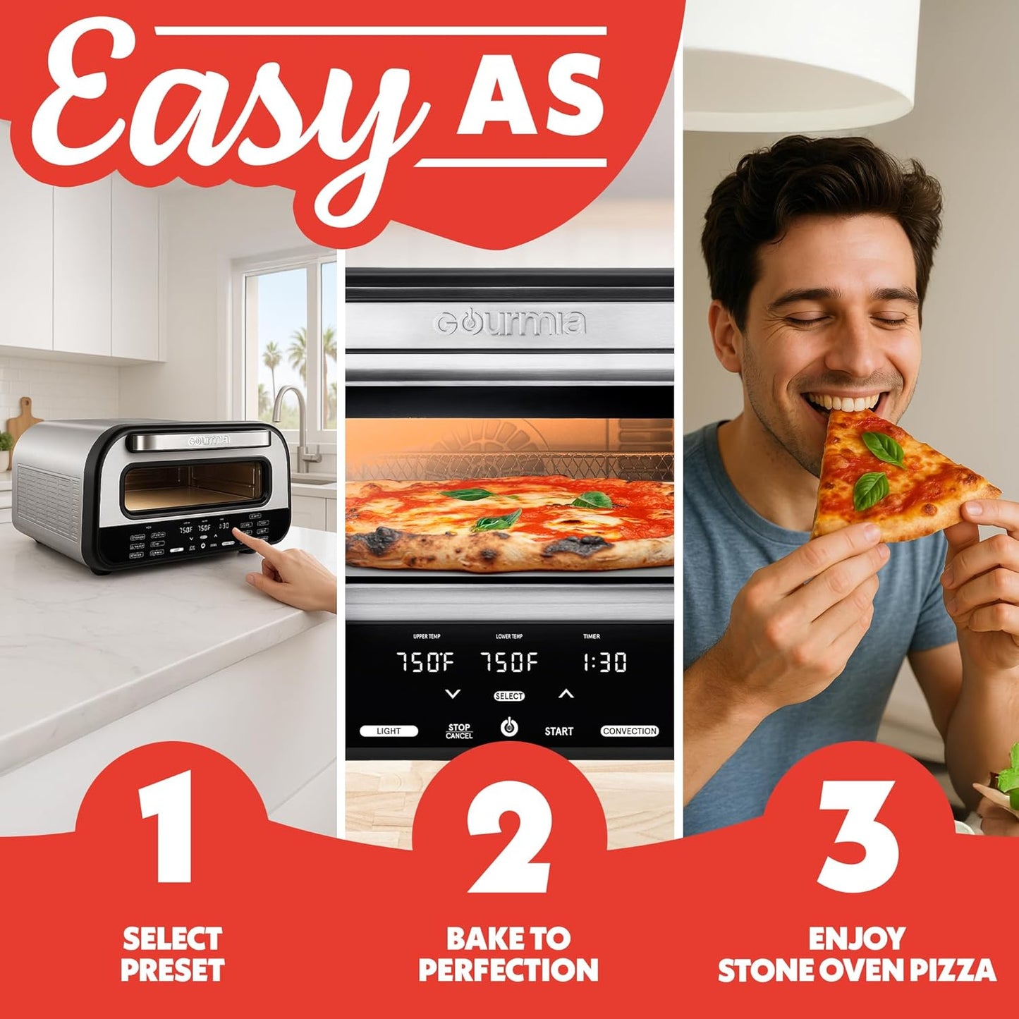 Gourmia 1800W Indoor Electric Pizza Oven Air Fryer Toaster – Stainless Steel Countertop Multi-Cooker with Pizza Stone, Digital Controls & 6 Cooking Presets