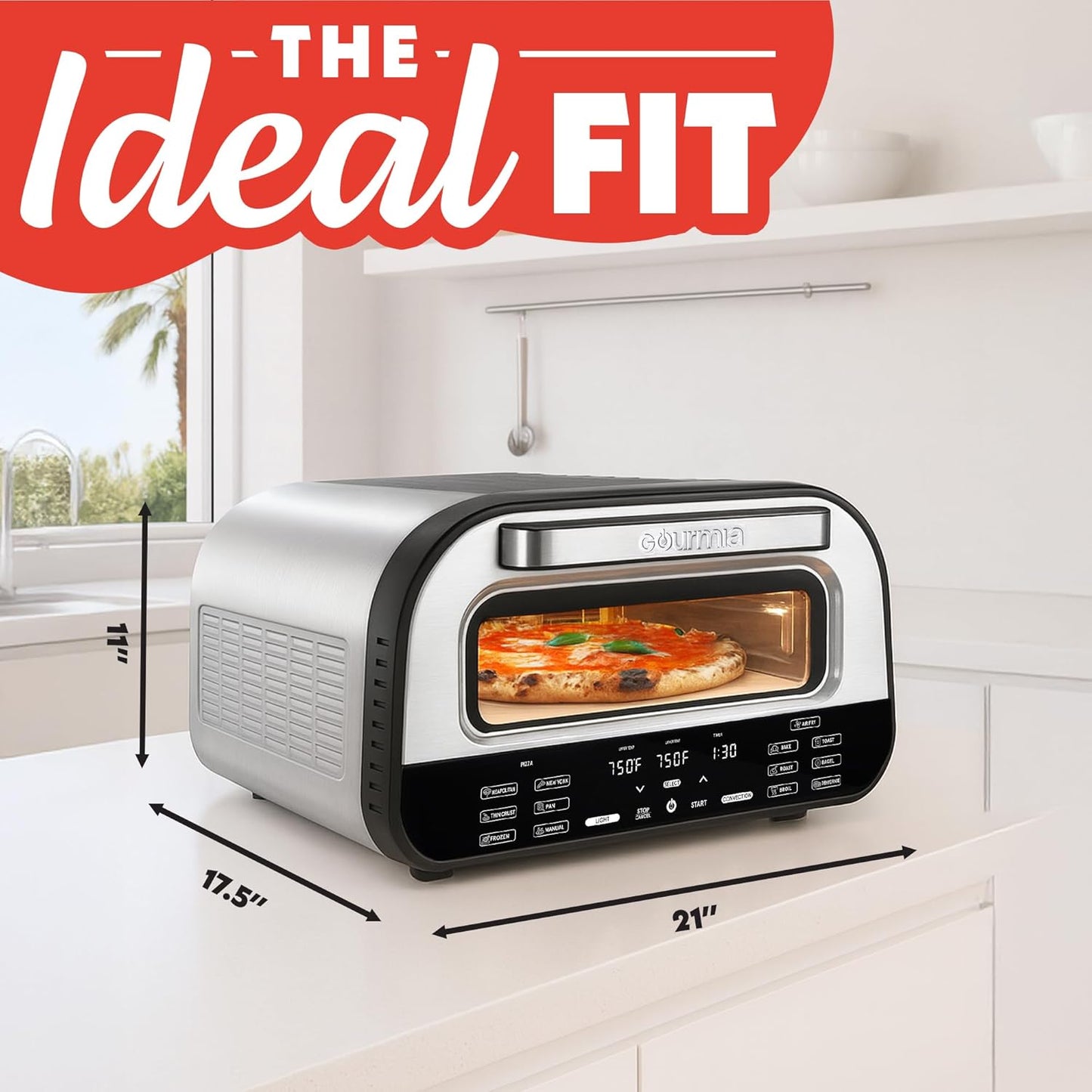Gourmia 1800W Indoor Electric Pizza Oven Air Fryer Toaster – Stainless Steel Countertop Multi-Cooker with Pizza Stone, Digital Controls & 6 Cooking Presets