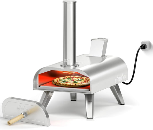 BIG HORN OUTDOORS 12" Dual Fuel Pizza Oven – Electric & Wood Pellet, 1000°F Indoor/Outdoor Pizza Maker with Pizza Stone