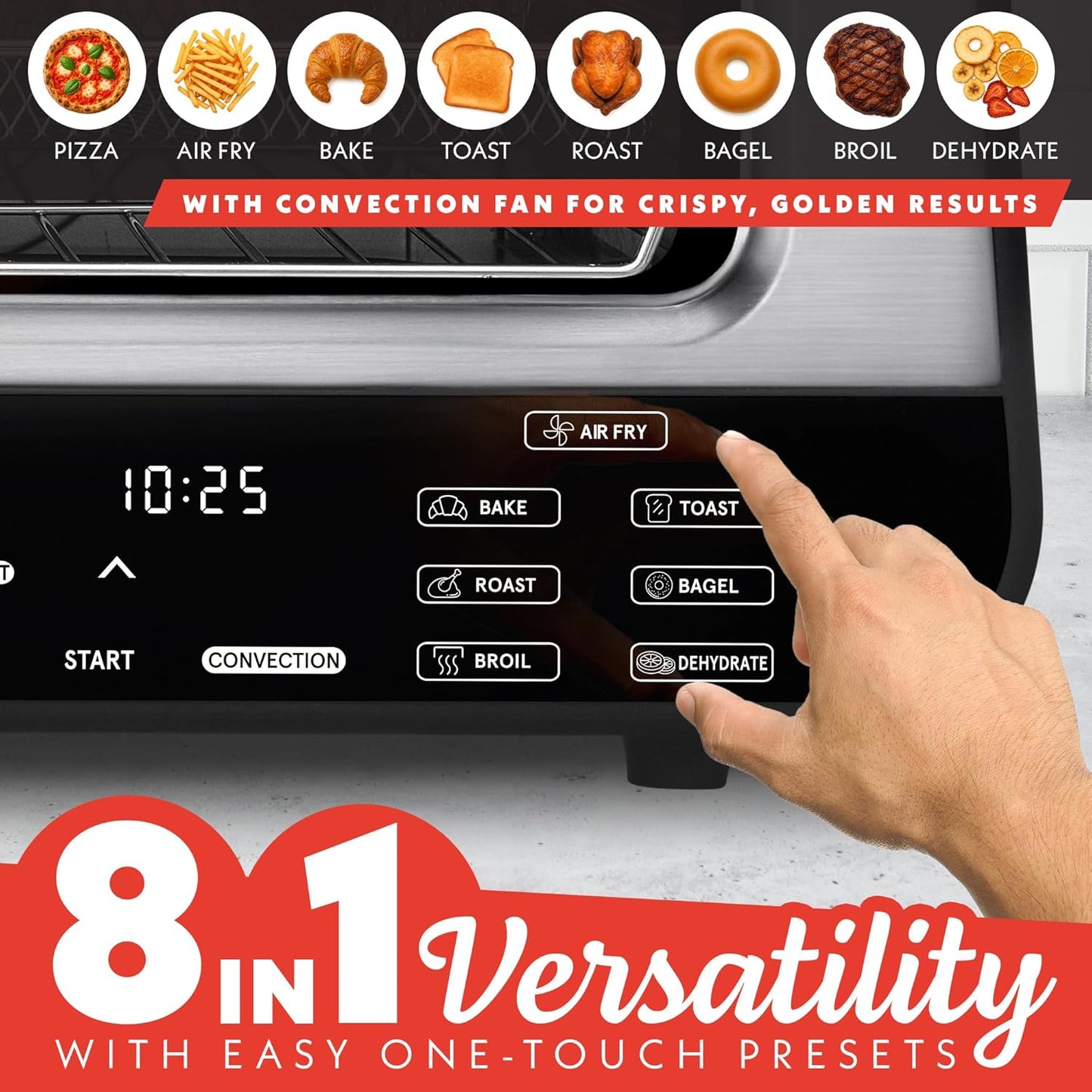 Gourmia 1800W Indoor Electric Pizza Oven Air Fryer Toaster – Stainless Steel Countertop Multi-Cooker with Pizza Stone, Digital Controls & 6 Cooking Presets