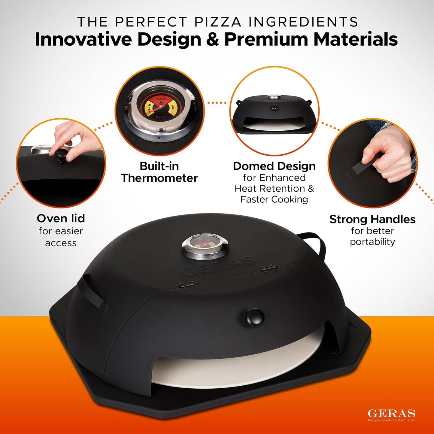 Geras HeatGuard Pro Grill Top Pizza Oven Kit with Pizza Stone & Peel