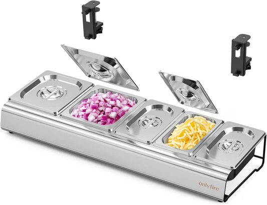 Onlyfire Pizza Topping Station, Stainless Steel Condiment Containers with Lids, Seasoning Serving Tray for Grill Table, Outdoor Pizza Oven & Kitchen Prep