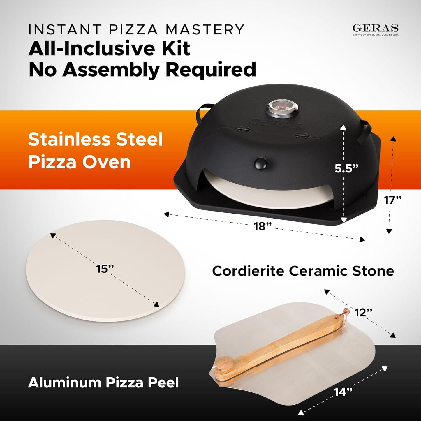 Geras HeatGuard Pro Grill Top Pizza Oven Kit with Pizza Stone & Peel