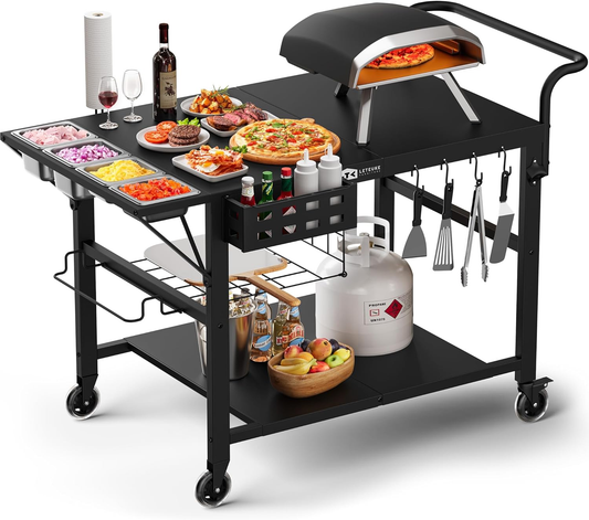 Leteuke Pizza Oven Stand – Outdoor Grill Cart Prep Table for Pizza Ovens & Griddles with Topping Station & Spice Rack