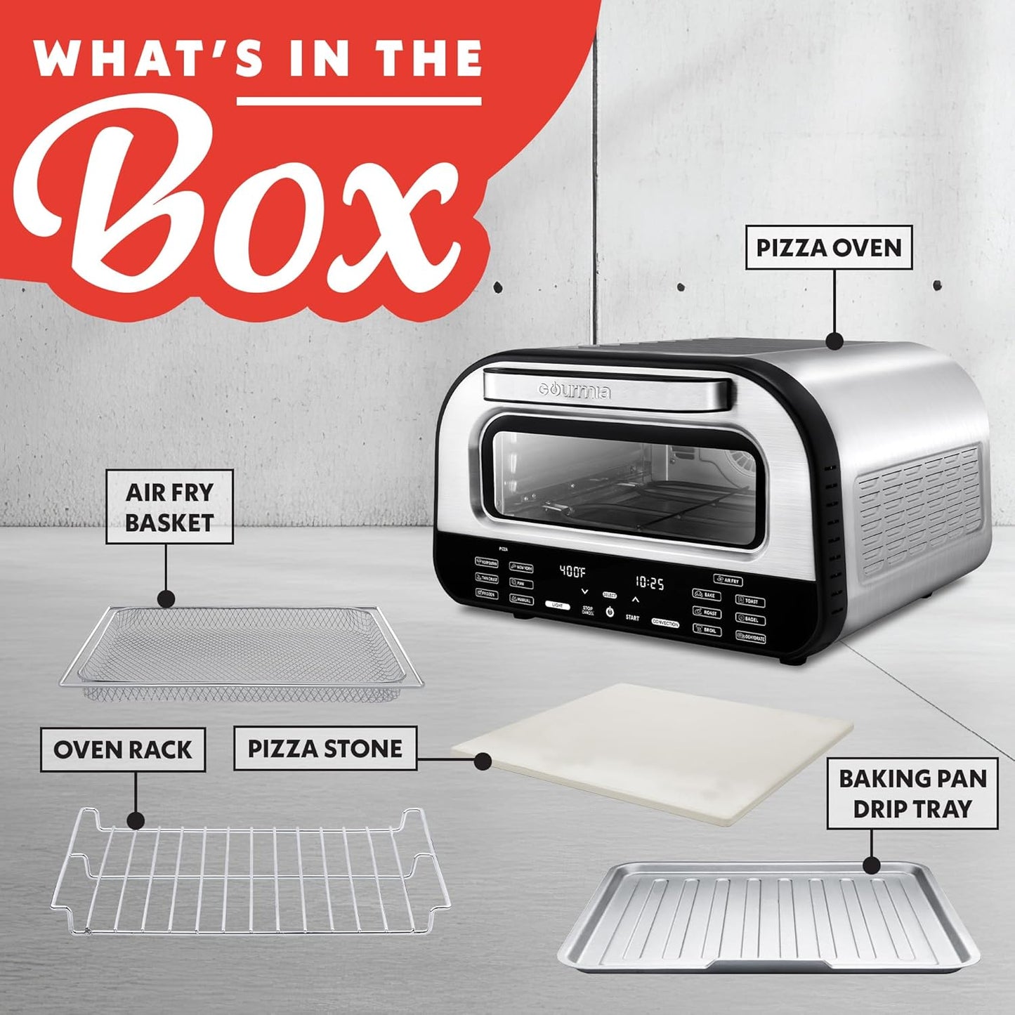 Gourmia 1800W Indoor Electric Pizza Oven Air Fryer Toaster – Stainless Steel Countertop Multi-Cooker with Pizza Stone, Digital Controls & 6 Cooking Presets