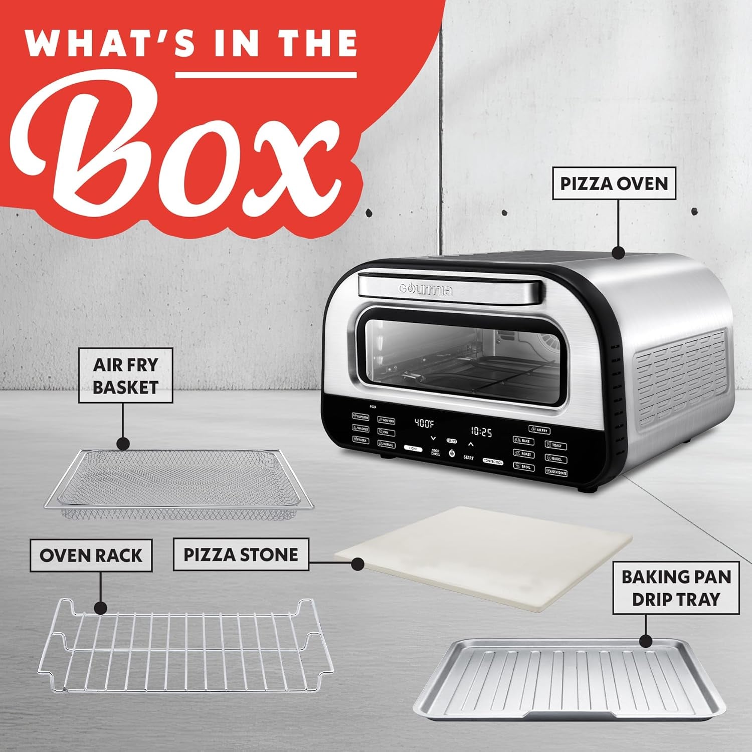 Gourmia 1800W Indoor Electric Pizza Oven Air Fryer Toaster – Stainless Steel Countertop Multi-Cooker with Pizza Stone, Digital Controls & 6 Cooking Presets